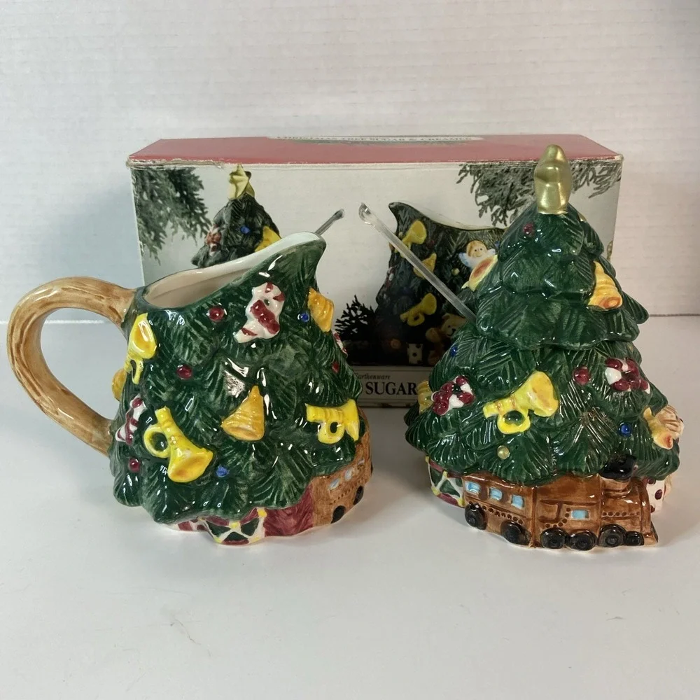 Vtg Earthenware Christmas Tree Sugar & Creamer Set w/Original Box Kitchen Decor